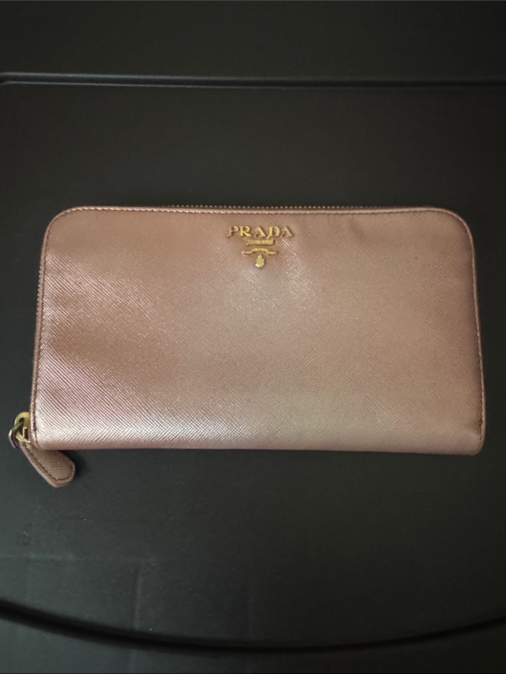 Prada plush pink Zip-Around Saffiano Wallet with Gold Logo